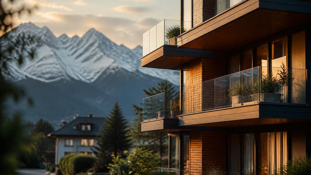 HOMETOME24 — Schweizer Immobilien-, Umzugs- und Wohnplattform: modernes Wohnhaus vor Schweizer Alpen im Abendlicht